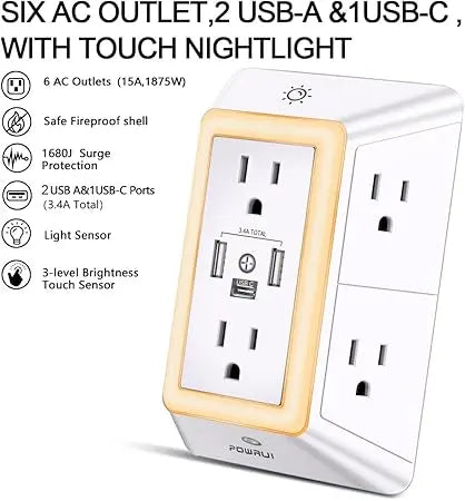 POWRUI Surge Protector with USB-C, 6 Outlets & Night Light Irhaa International LLC