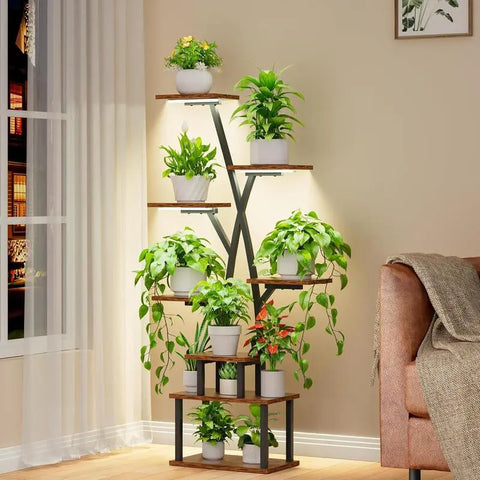 POZILAN Plant Stand Indoor with Grow Lights 8 Tier Indoor Plant Shelf, Corner Plant Stands for Indoor Plants, 51" Tall Metal Plant Shelves, Tree-Shaped Plant Rack for Home, Porch, Black Adjustable Decorative